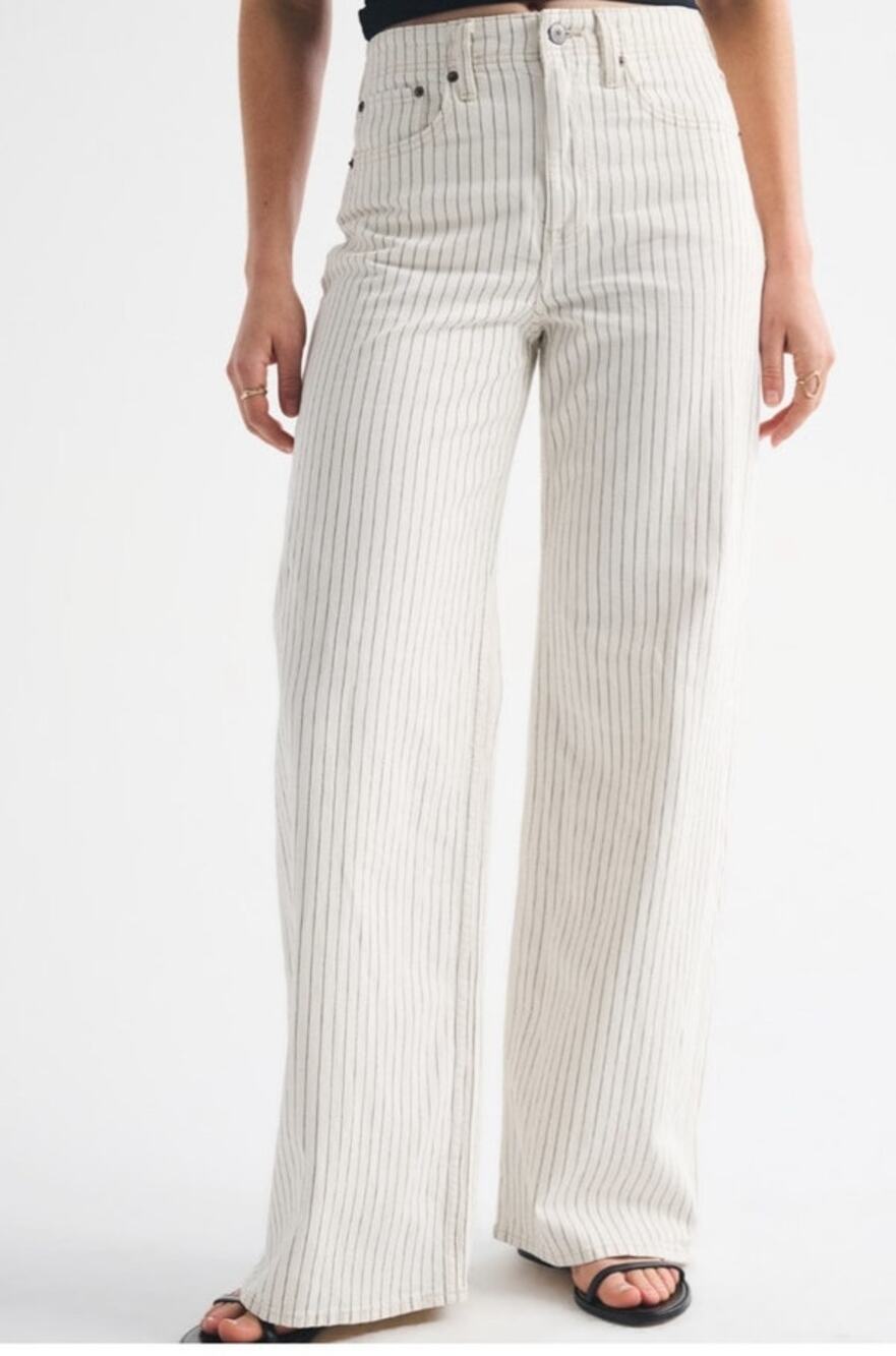 NWT Abercrombie The Loose Jeans 24 Short High Rise Wide Leg Blue Stripe Linen